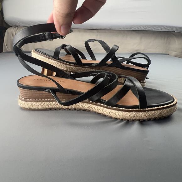 Lucky Brand Nemelli Black Leather Espadrille Sandals 8.5 Strappy Boho Summer - Picture 7 of 11